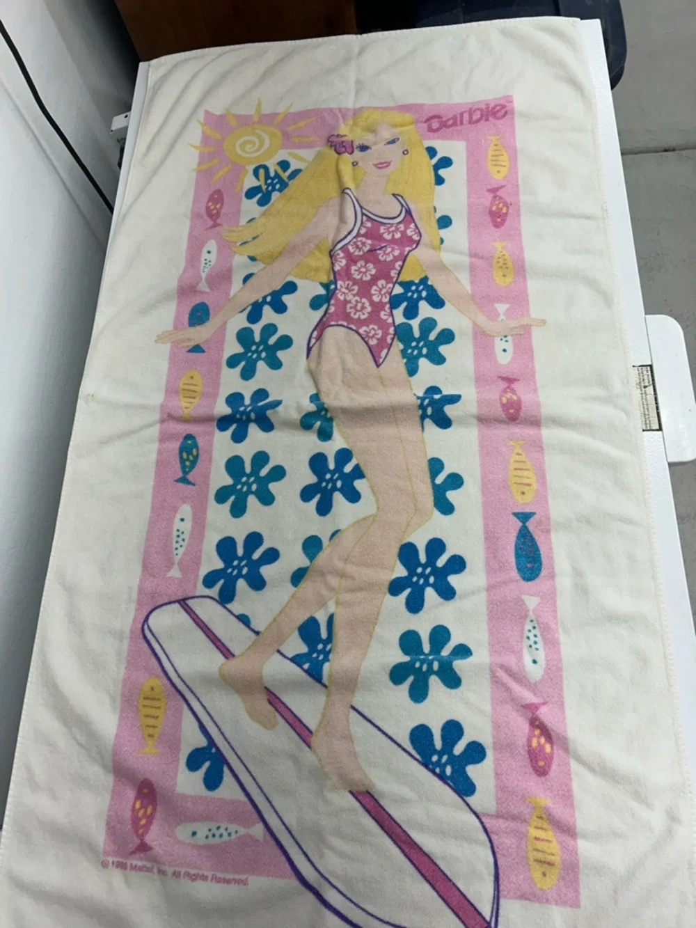Cotton Barbie Pink, Blue & Yellow Surf Print Beach Towel-Vintage